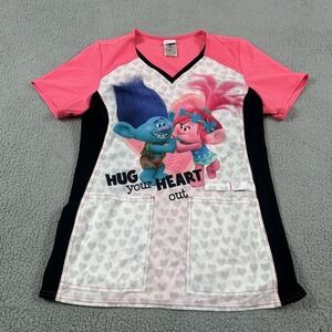 DreamWorks Trolls Scrub Top Womens Small Pink Hug Your‎ Heart V Neck Graphic